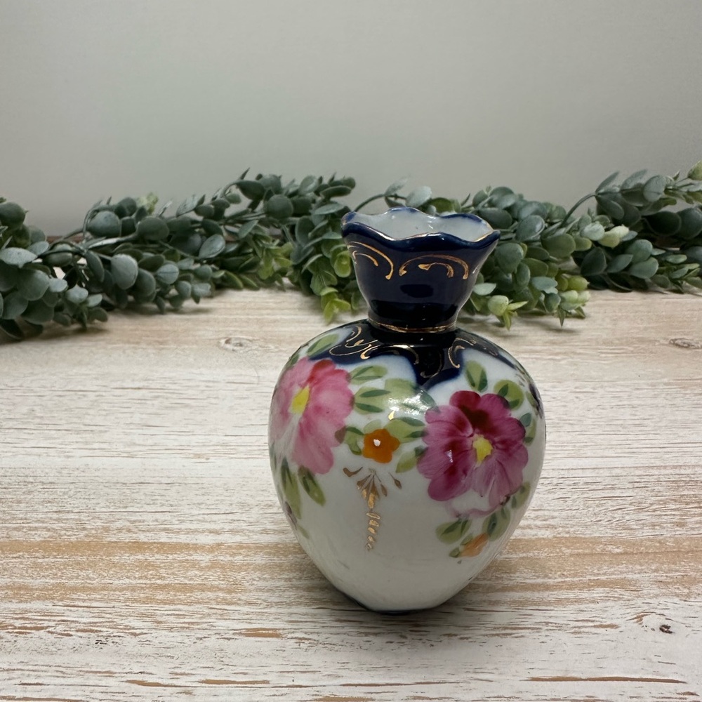Floral Ceramic Vase with Blue Accents